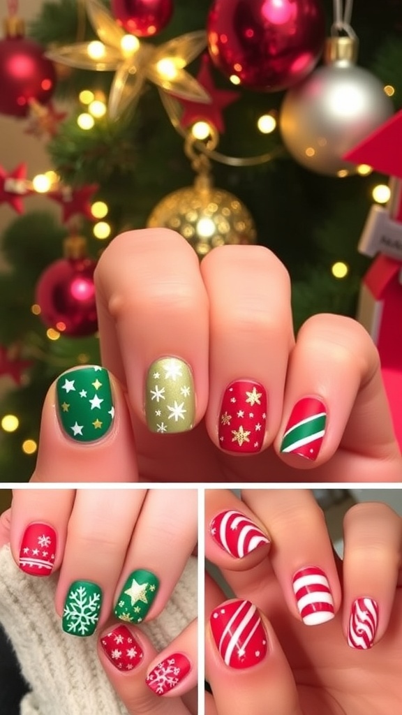 Short Christmas nails with festive designs including snowflakes, Christmas trees, and candy canes.